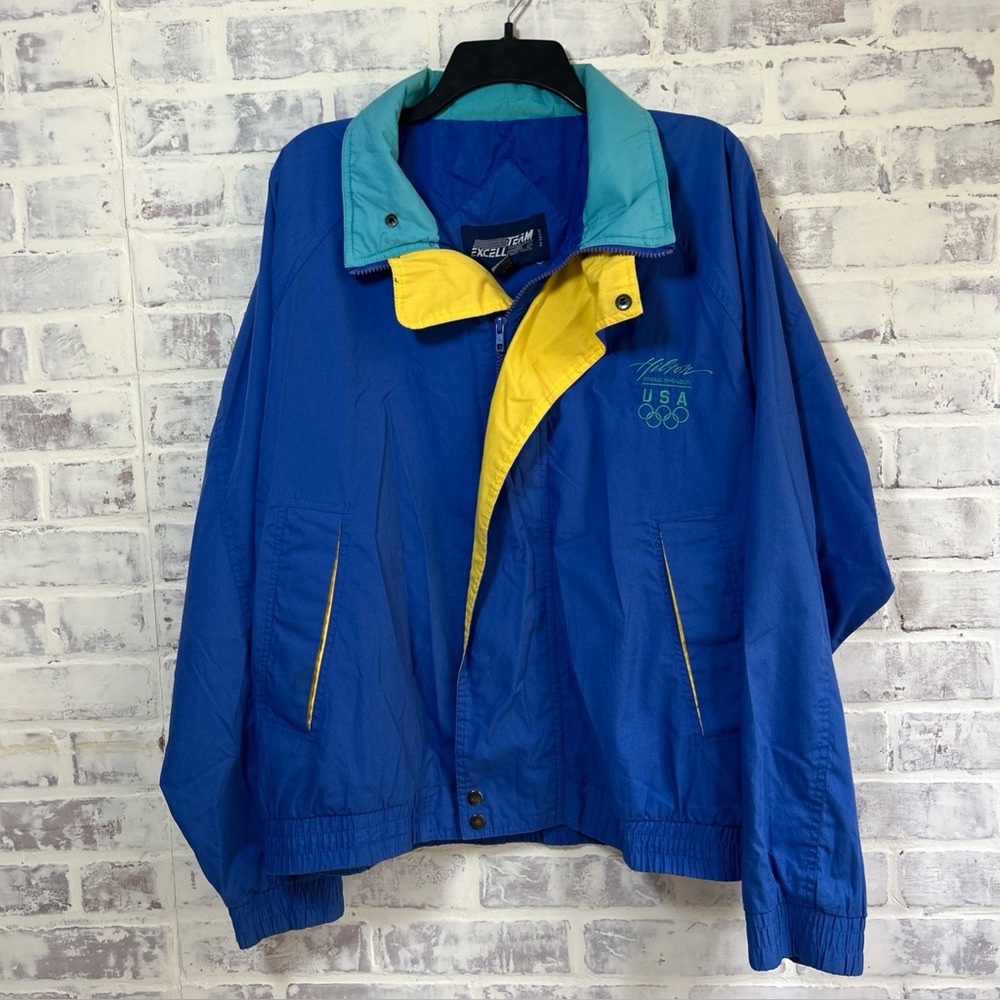 Vintage Jacket XL USA Olympics Hilton Hotel Windbreaker 90s 80s Blue Yellow Zip